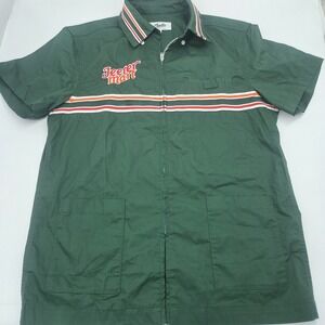 Jeeter Mart Mens Green Zip Up Work Shirt Short Sleeve Embroidered Size Small